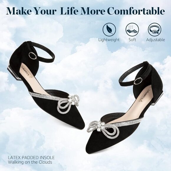 🆕Women Black Suede Rhinestone Pointed Toe Bowknot Ballet Flats Comfort Dressy - Picture 5 of 8